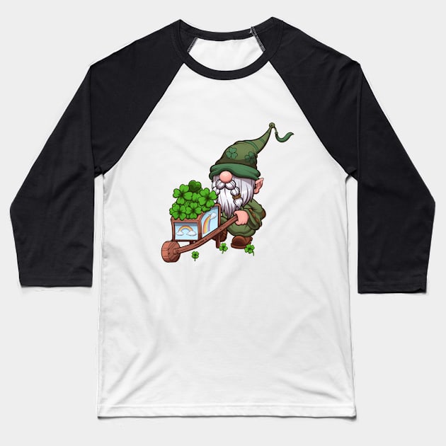 St Patrick’s Day Gnome With Wheelbarrow Carrying Four-Leaf Clovers Baseball T-Shirt by TheMaskedTooner